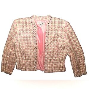 I.C.E Pink Plaid Tweed Blazer With Pearl Trim Size 14
